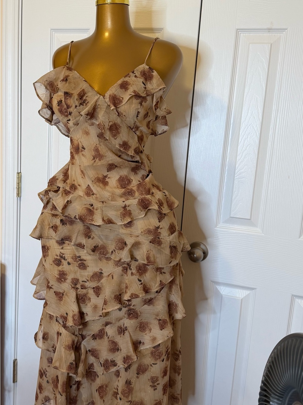 Tiered Ruffle Maxi Dress in Beige with Brown Floral Print